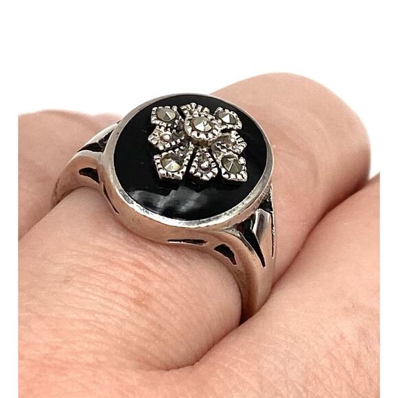 925 Marsala Ring Sterling Silver Vintage Estate Black Oval Glass Marcasites 7.5 - Picture 7 of 13